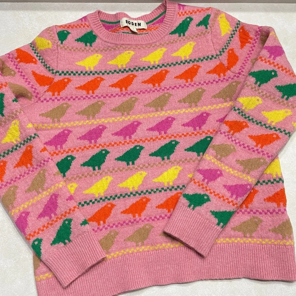Boden Edie Fair Isle Sweater Pink Colorful Bird Animal Print Crew Neck Jumper - Picture 1 of 15